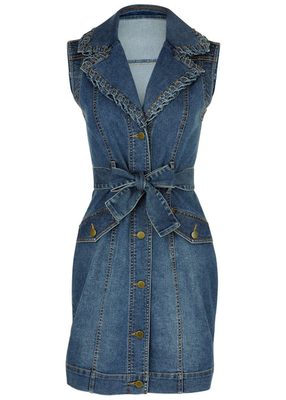 Whip Stitch Denim Mini Dress - Sleeveless Tie Waist | Venus Value