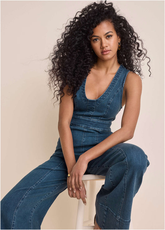 Fitted Stretch Denim Jumpsuit in Medium Wash | Fashion | Venus Affordable