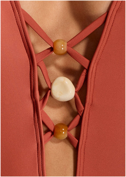 Beaded Plunging Swimsuit - Cranberry | Venus Sale