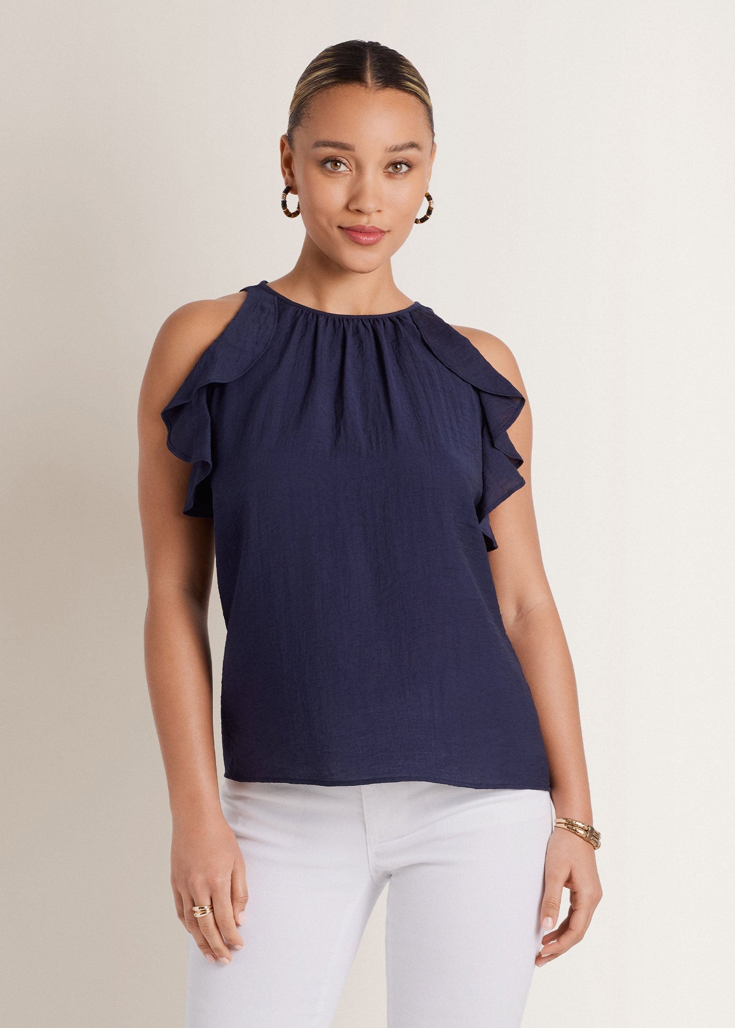 Textured Ruffle Halter Top Navy | Venus Sale