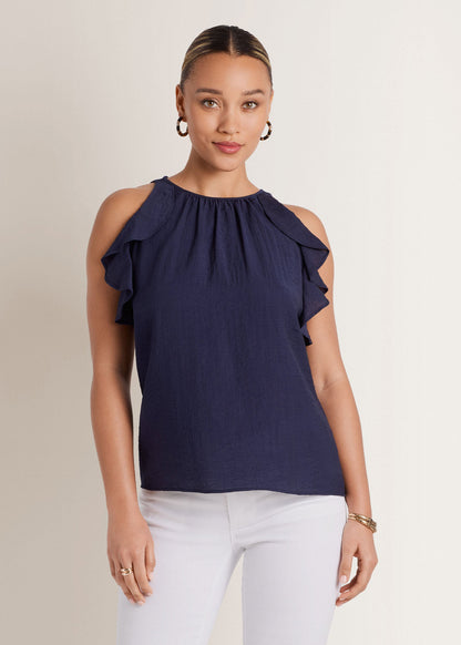 Textured Ruffle Halter Top Navy | Venus Sale