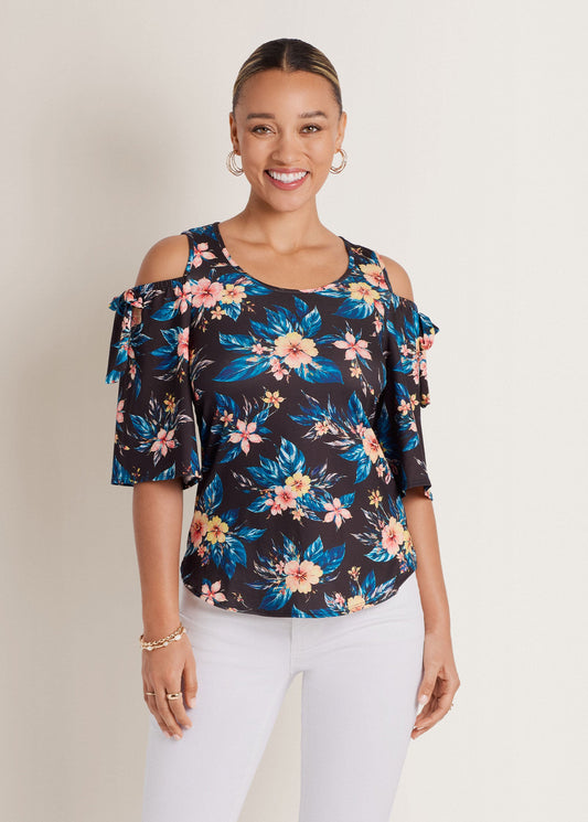 Printed Cold Shoulder Top Blue Multi | Venus Featured