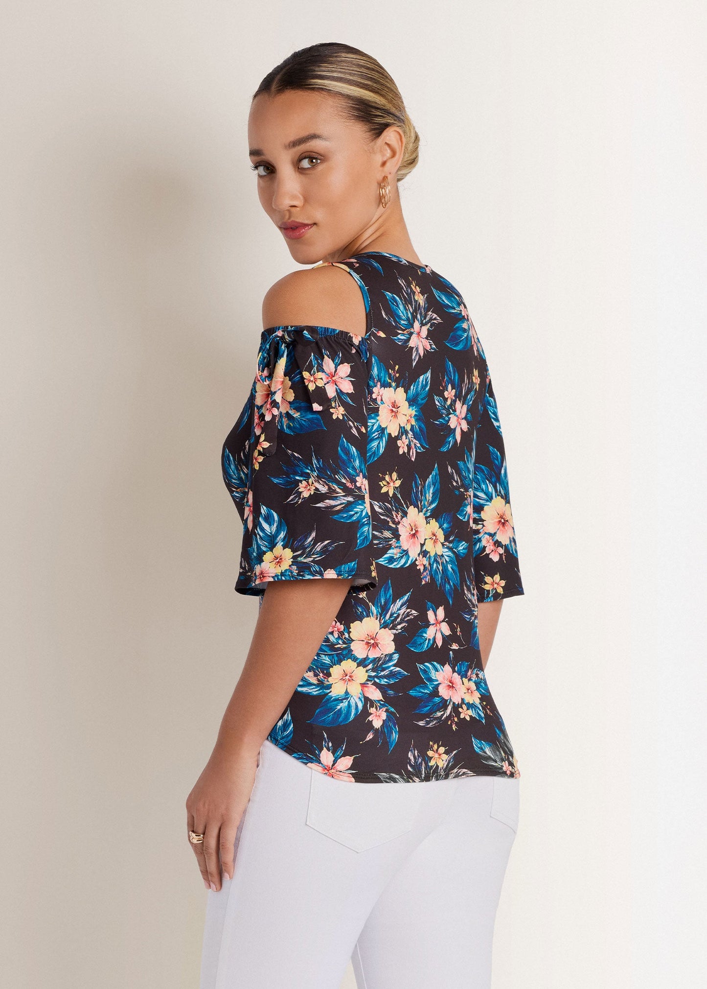 Printed Cold Shoulder Top Blue Multi | Venus Featured