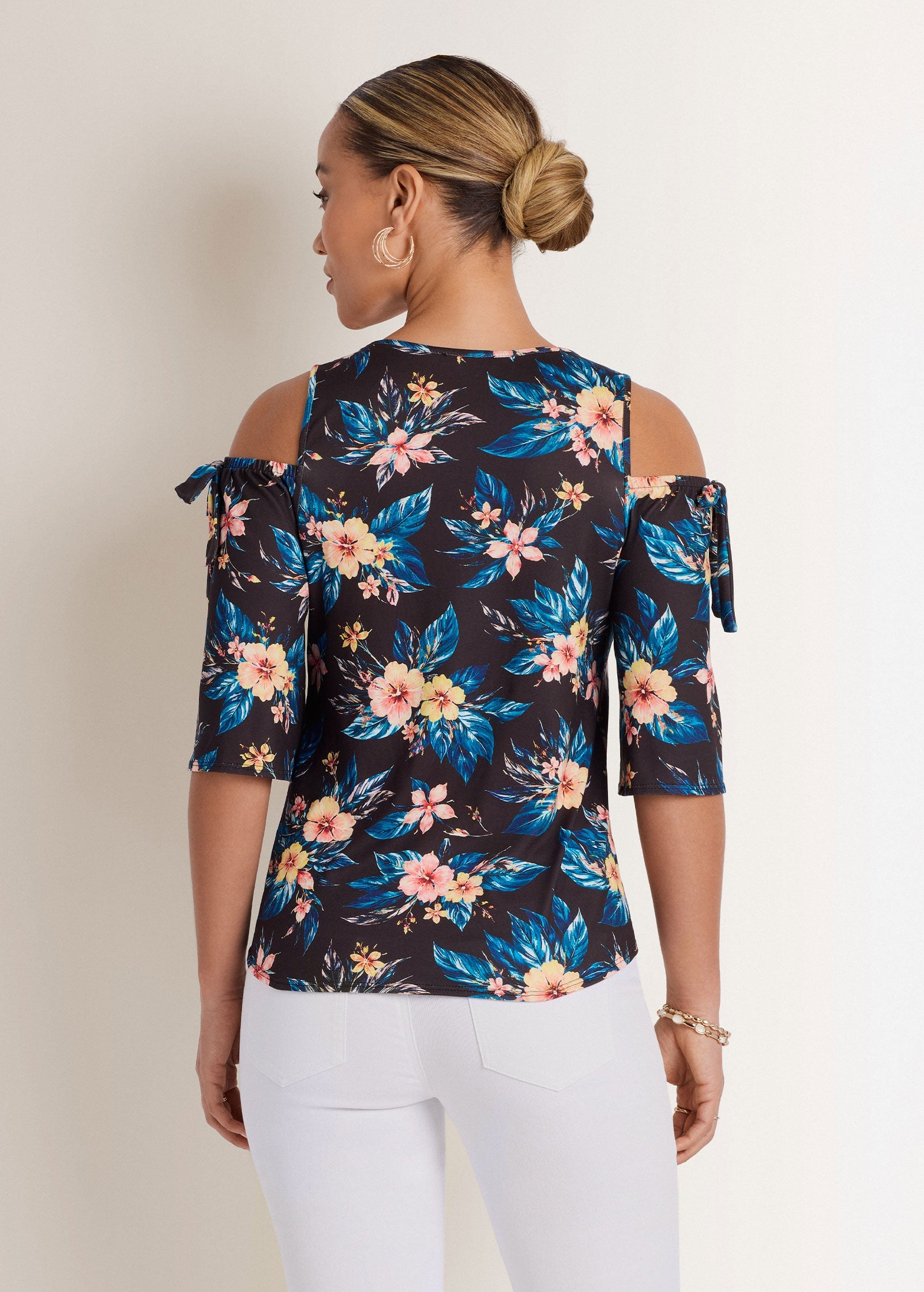 Printed Cold Shoulder Top Blue Multi | Venus Featured