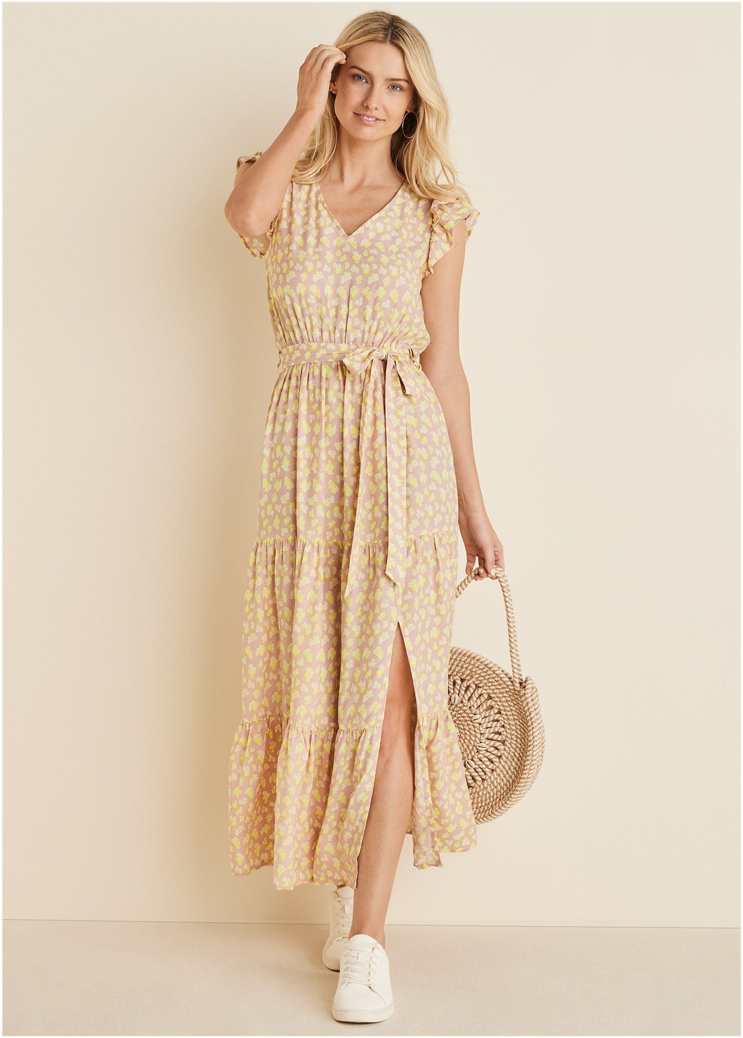 Belted Flutter Sleeve Maxi Dress - Peach & White | Venus Cost Saving