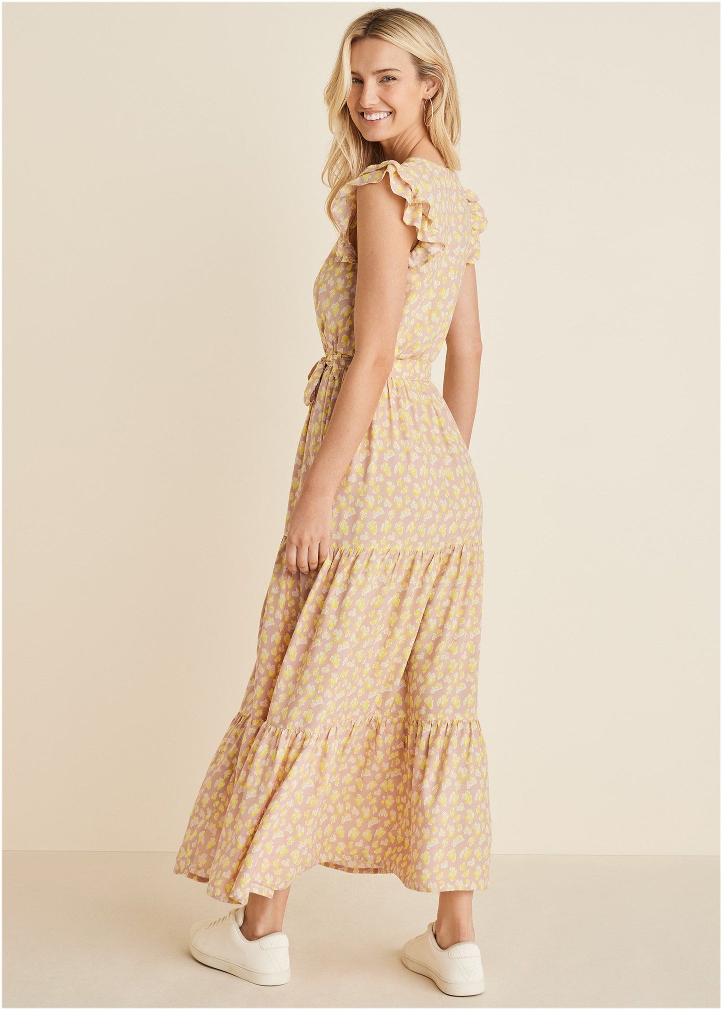 Belted Flutter Sleeve Maxi Dress - Peach & White | Venus Cost Saving