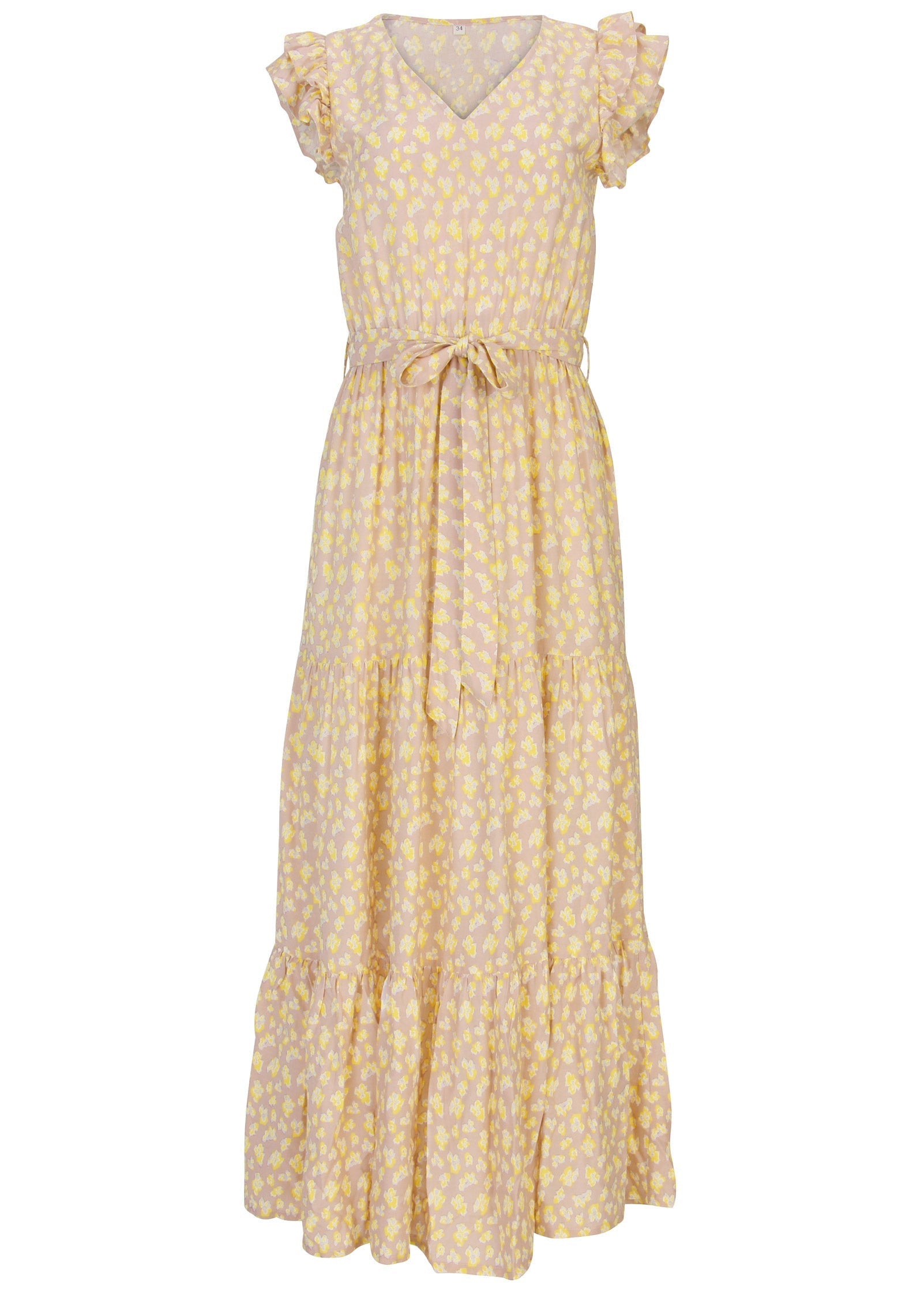 Belted Flutter Sleeve Maxi Dress - Peach & White | Venus Cost Saving