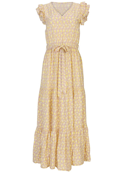 Belted Flutter Sleeve Maxi Dress - Peach & White | Venus Cost Saving