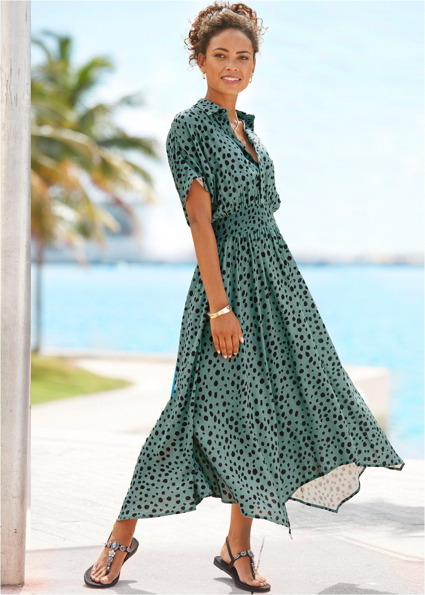 Collared Maxi Dress - Green & Black | Venus Great Deal