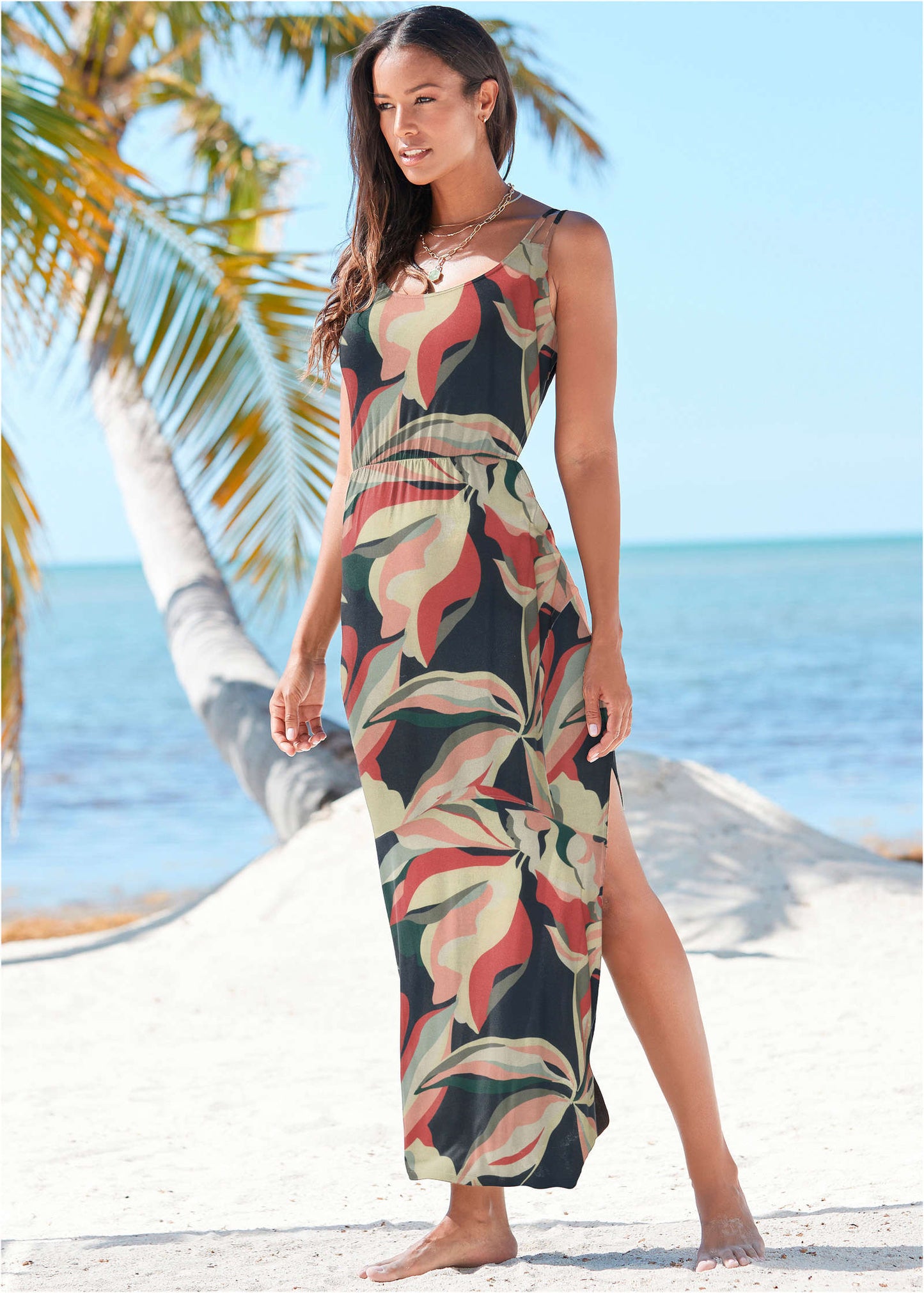 High Slit Maxi Dress - Navy Multi | Venus Cost Saving