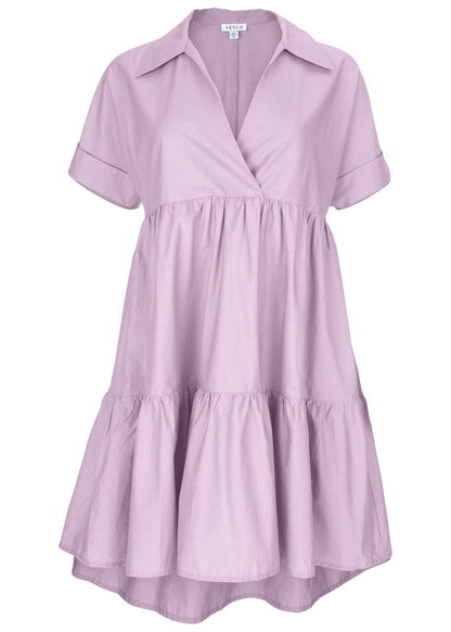 Cotton Poplin Tiered Dress - Lilac | Venus Featured