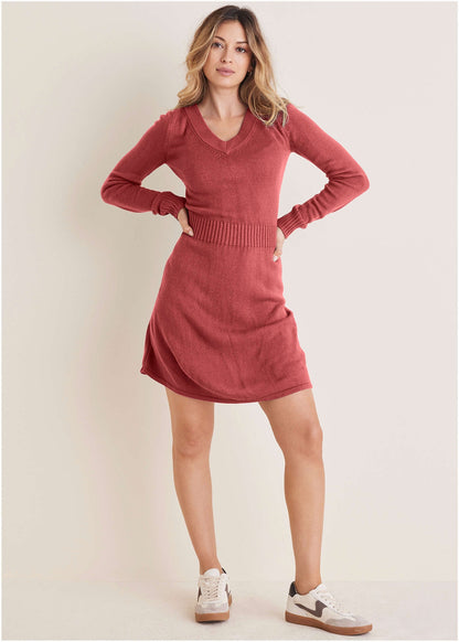 V-Neck Mini Sweater Dress - Mineral Red | Venus Featured