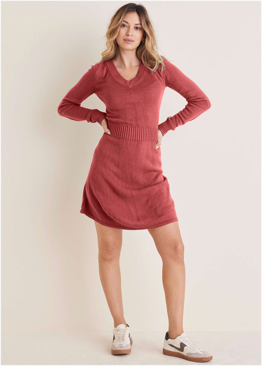 V-Neck Mini Sweater Dress - Mineral Red | Venus Featured