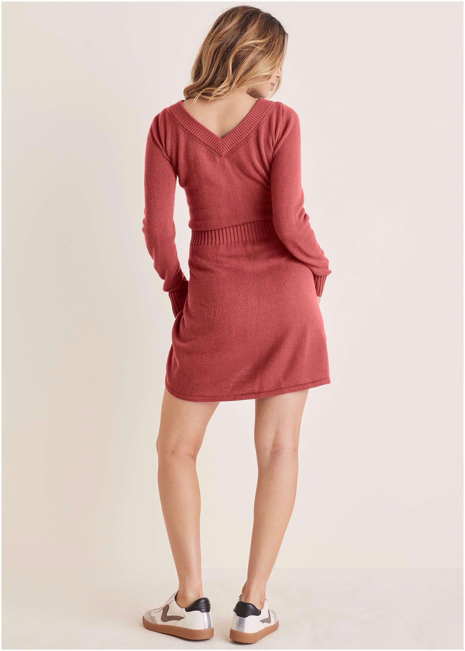 V-Neck Mini Sweater Dress - Mineral Red | Venus Featured