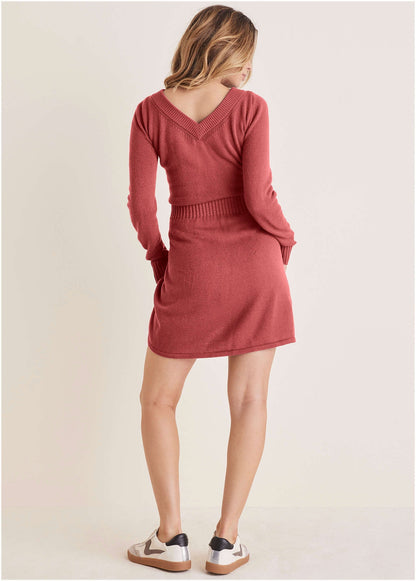 V-Neck Mini Sweater Dress - Mineral Red | Venus Featured