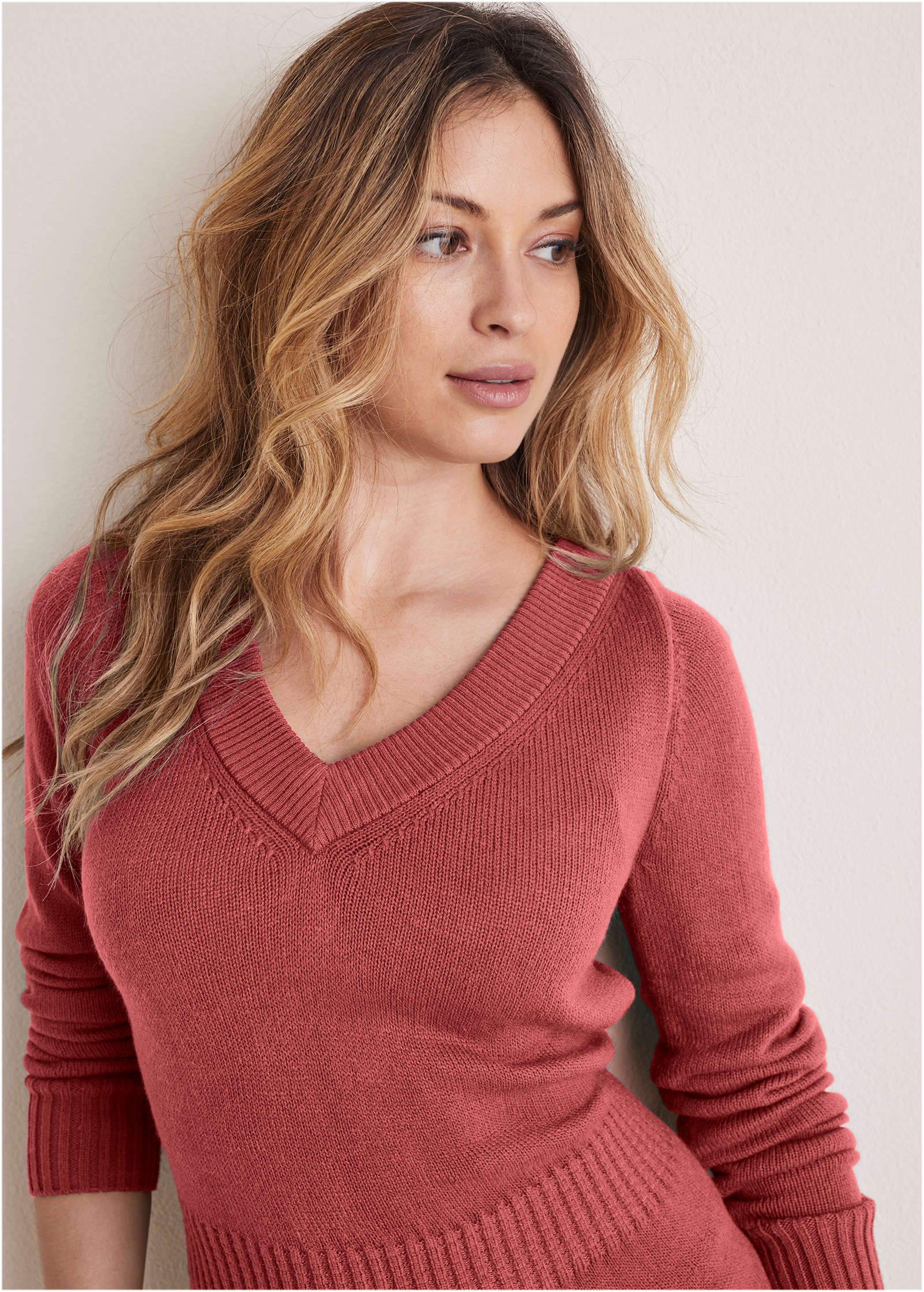 V-Neck Mini Sweater Dress - Mineral Red | Venus Featured