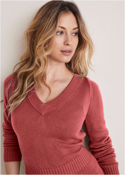 V-Neck Mini Sweater Dress - Mineral Red | Venus Featured