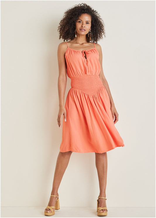 Smocked Midi Dress - Burnt Coral | Venus Popular Choice