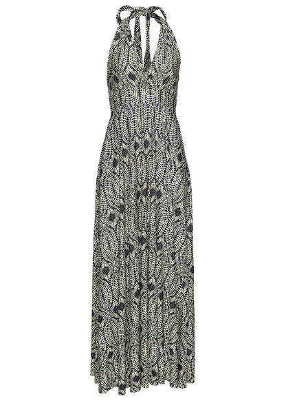 Print Halter Maxi Dress - Navy & Tan | Venus Featured