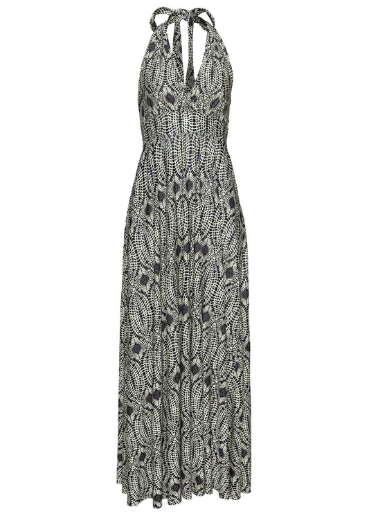 Print Halter Maxi Dress - Navy & Tan | Venus Featured