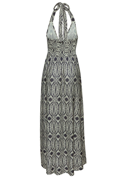Print Halter Maxi Dress - Navy & Tan | Venus Featured