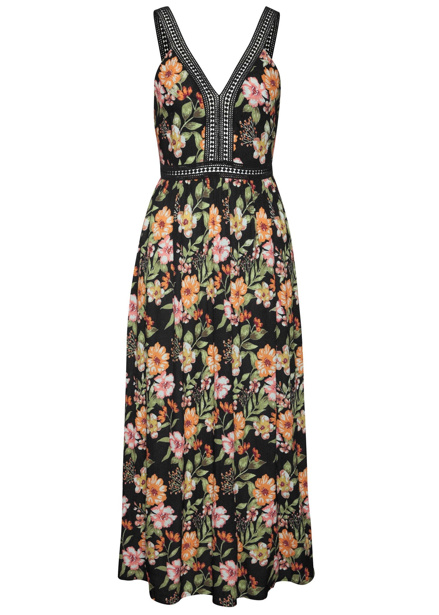 Crochet Printed Maxi Dress - Black Multi | Venus Popular Choice