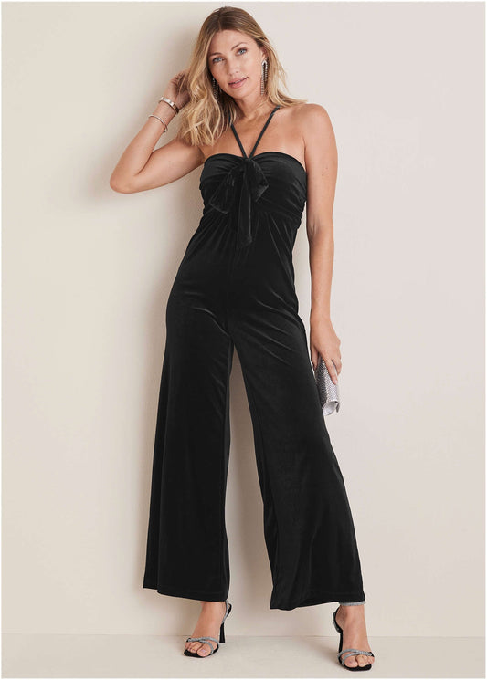 Stretch Velvet Halter Jumpsuit - Black | Venus Sale