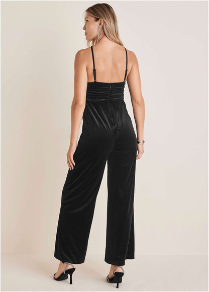 Stretch Velvet Halter Jumpsuit - Black | Venus Sale