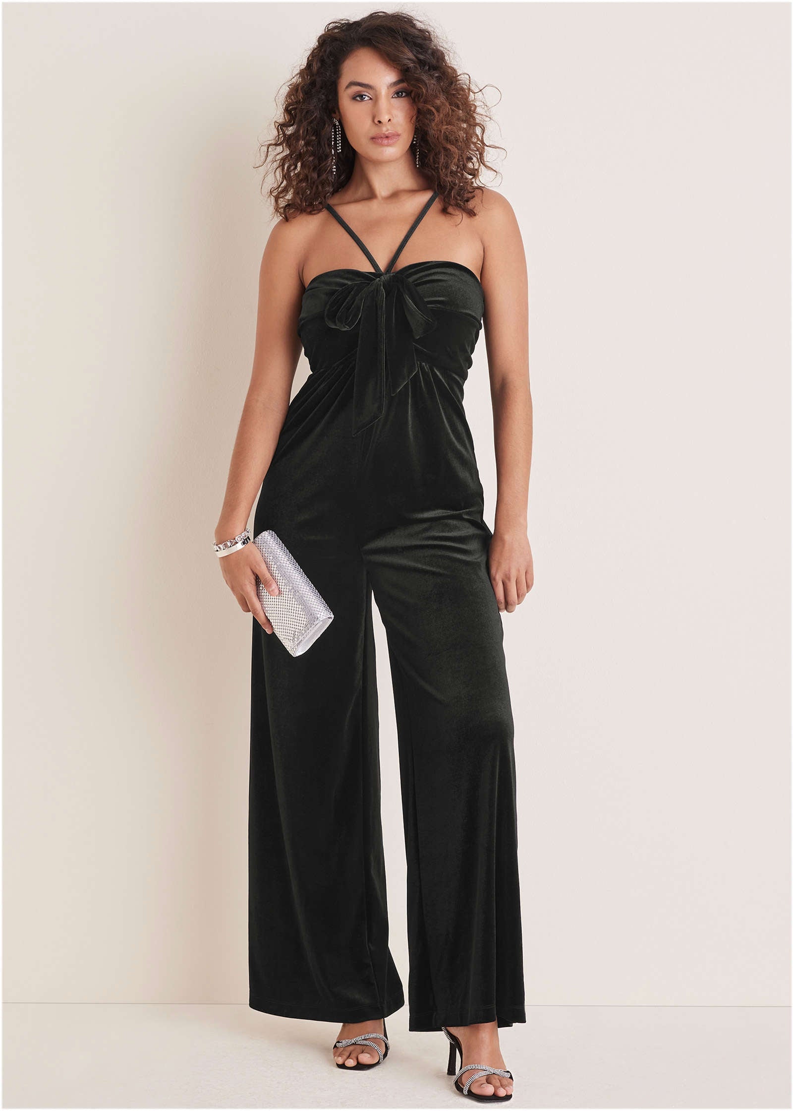 Stretch Velvet Halter Jumpsuit - Black | Venus Sale