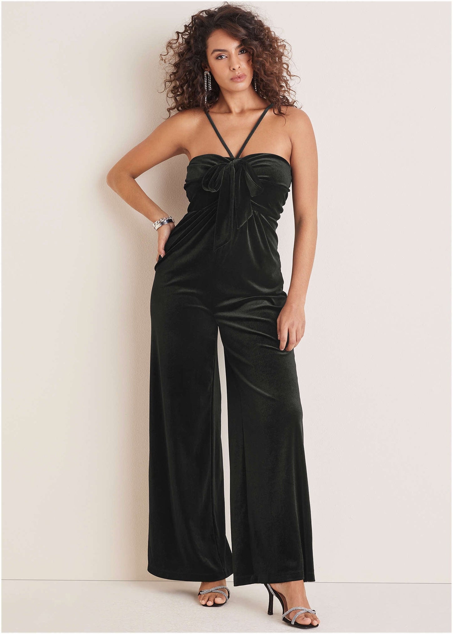 Stretch Velvet Halter Jumpsuit - Black | Venus Sale