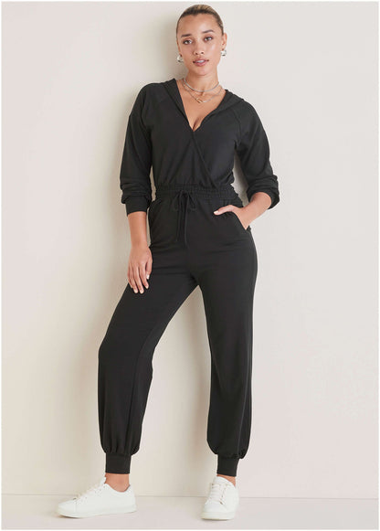 Casual Hooded Jumpsuit - Jet Black | Venus Cost Saving