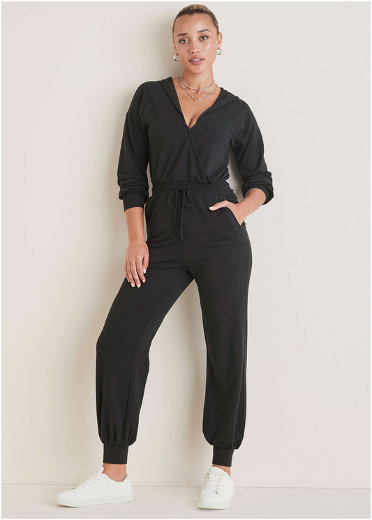 Casual Hooded Jumpsuit - Jet Black | Venus Cost Saving