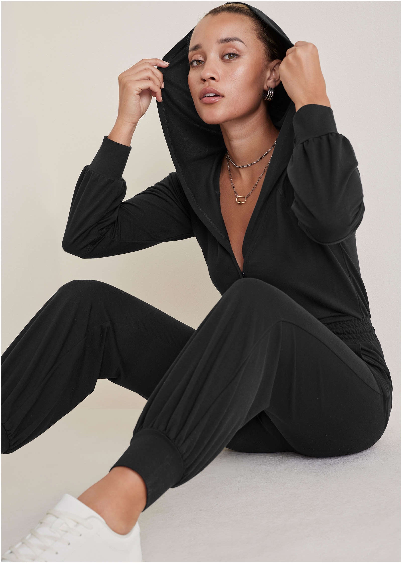 Casual Hooded Jumpsuit - Jet Black | Venus Cost Saving