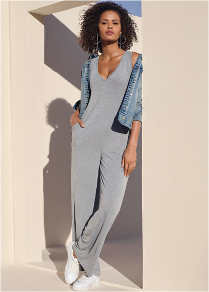 Relaxed V-Neck Jumpsuit - Heather Grey | Venus Affordable