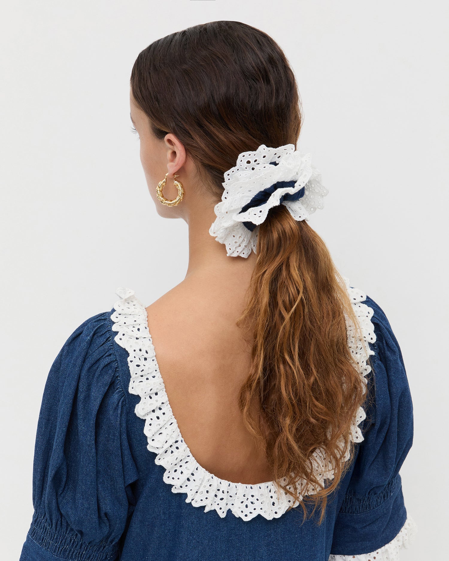 Loeffler Randall Women / Dolly Denim/Cream Embroidered Scrunchie
